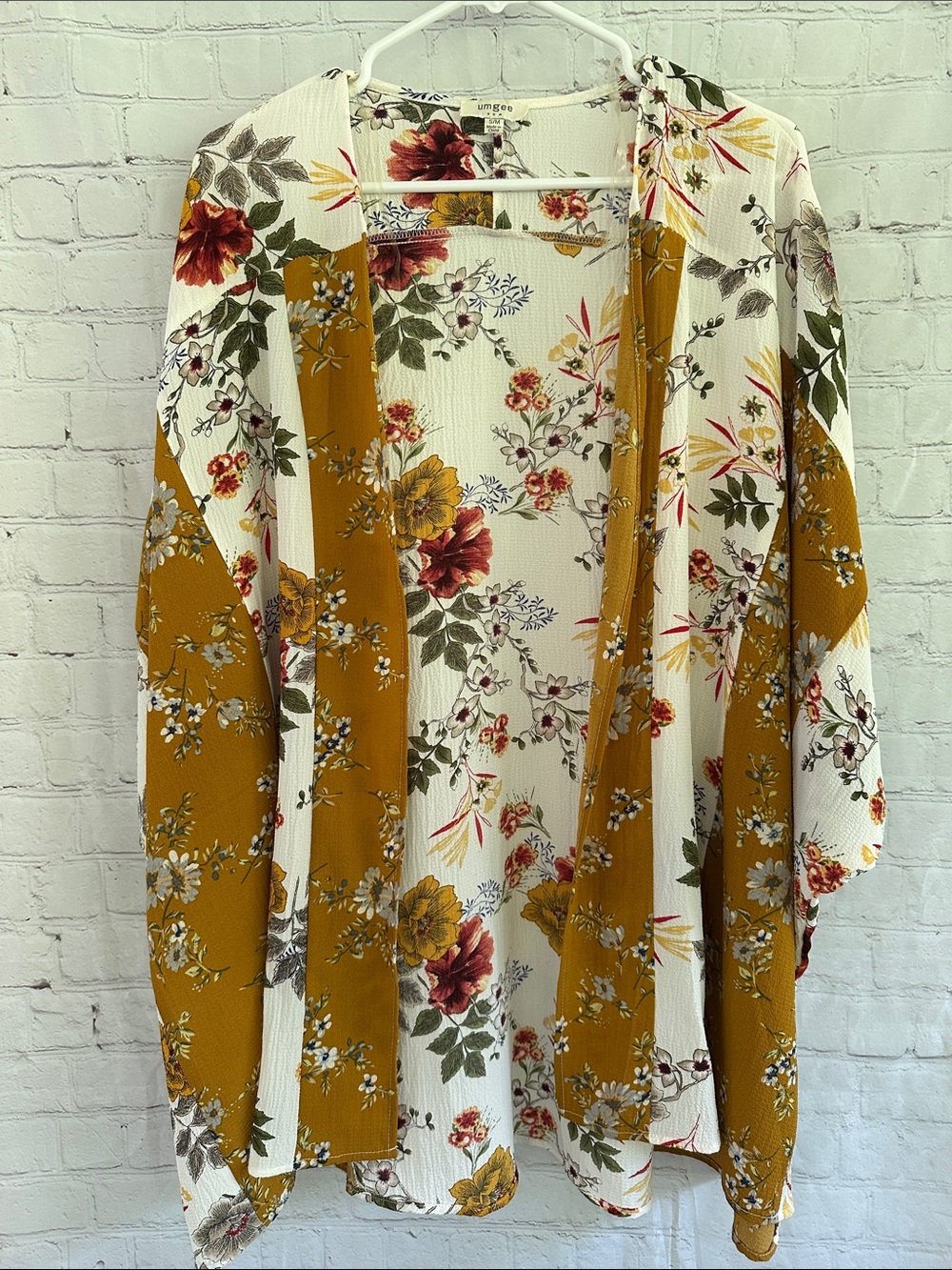 Umgee Floral Open Front Kimono Cardigan - Mustard & Cream new